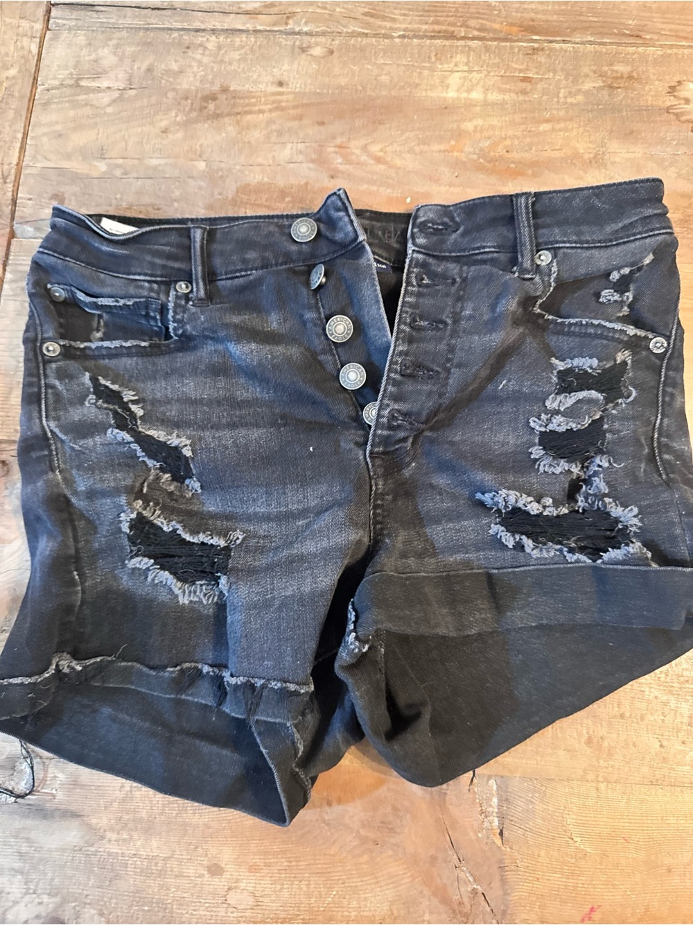 American Eagle Outfitters Black Distressed High-Rise Denim Shorts